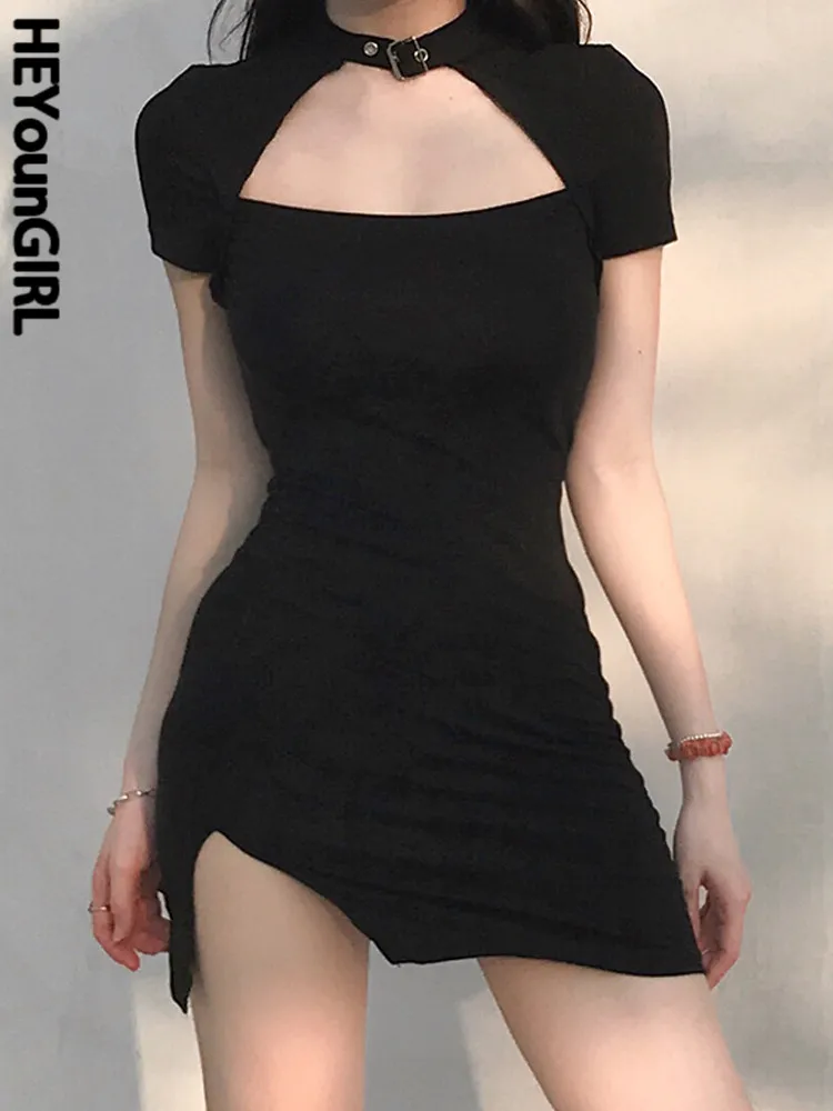 

HEYounGIRL Harajuku Black Bodycon Mini Dress Women Split Side Halter Short Dresses Ladies Skinny Short Sleeve Skinny Summer 2021