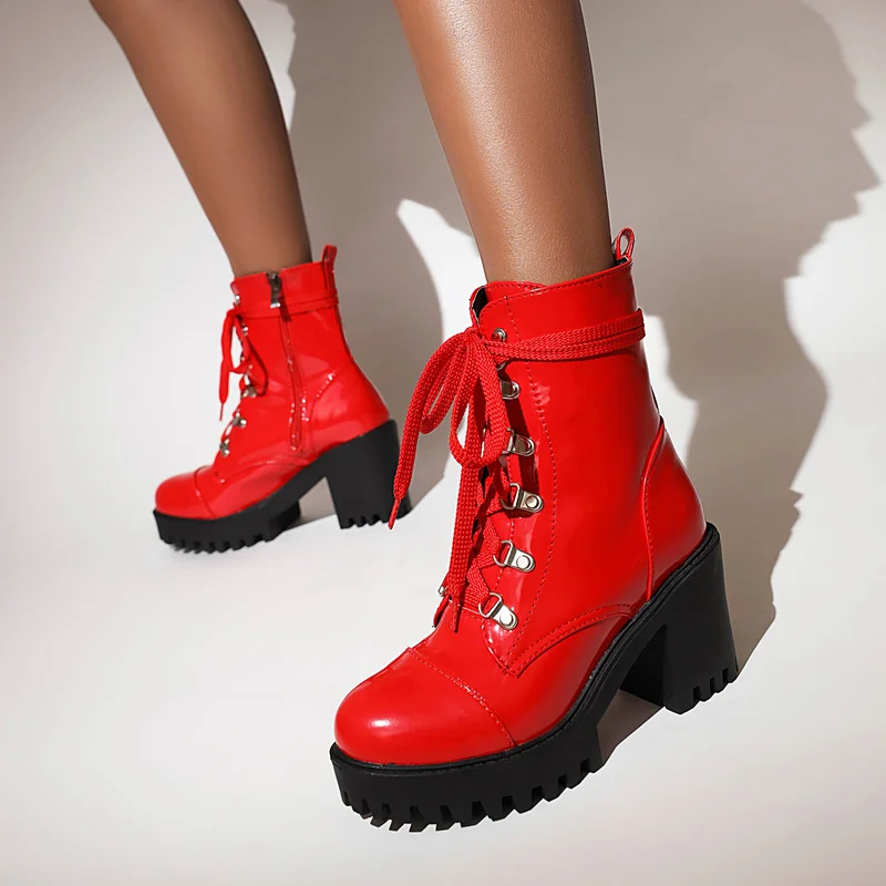 

Lace Up Sexy Women's Boot Winter Fashion Platform Boots Punk High Heels Black White Red Ankle Boots Autumn Rubber Shoes Women