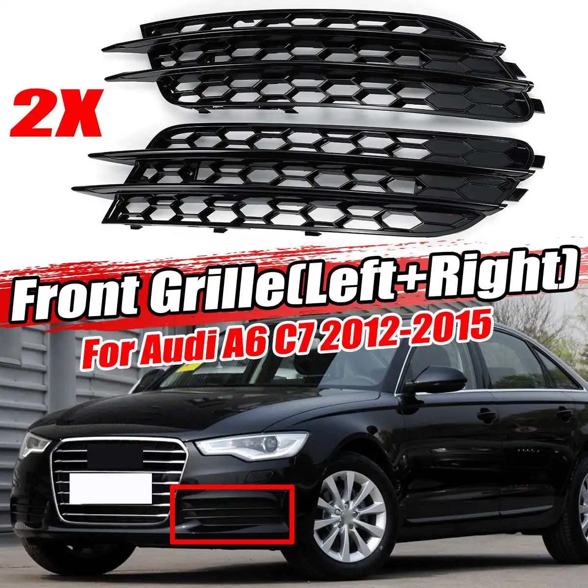 

Chrome/Black RS6 Style ABS 2x Car Front Fog Light Grille Cover Trim For Audi A6 C7 Sedan 2012 2013 2014 2015 Fog Lamp Grill