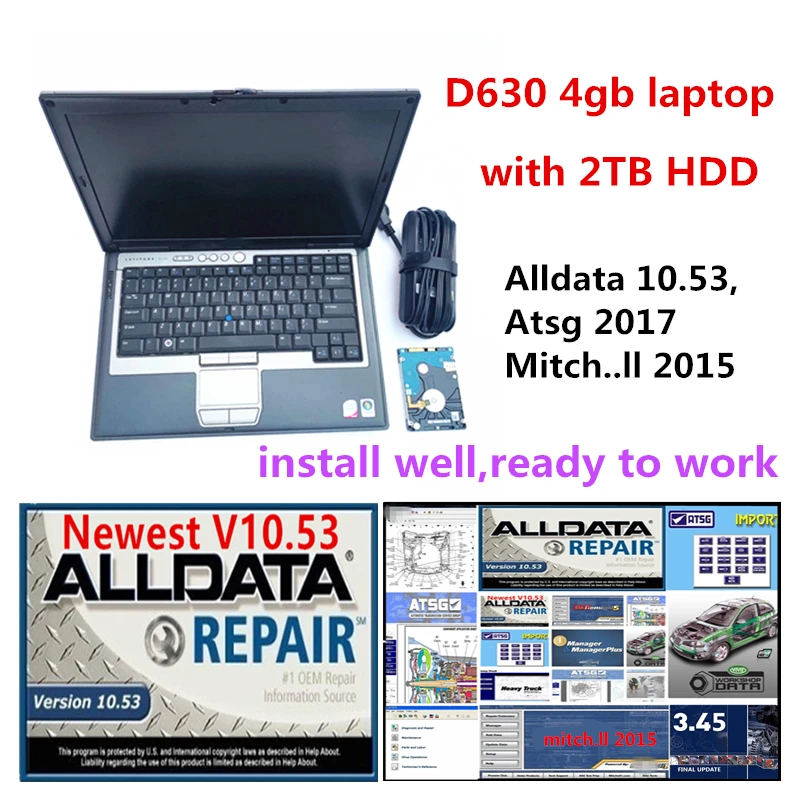 2023 б/у ноутбук Comptuter D630 4 Гб со стандартным программным обеспечением для ремонта автомобильных жестких дисков Alldata 10,53, Mit .. ell 2015,ATSG 2017, готовый к использованию