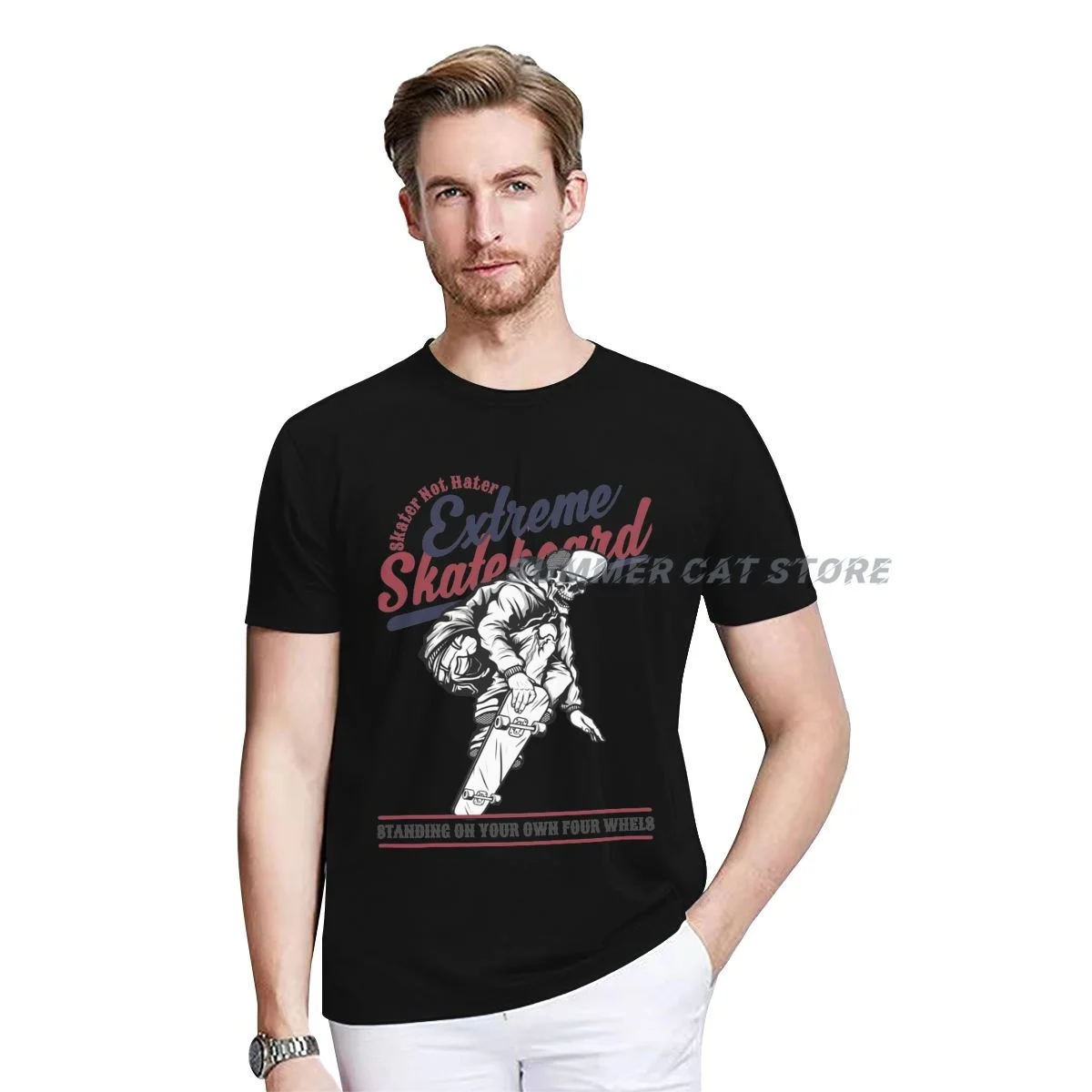 

Summer T-shirt Men Women Cotton Skull Extreme Skateboard Vector O-neck Short-sleeved unisex Casual T-shirt