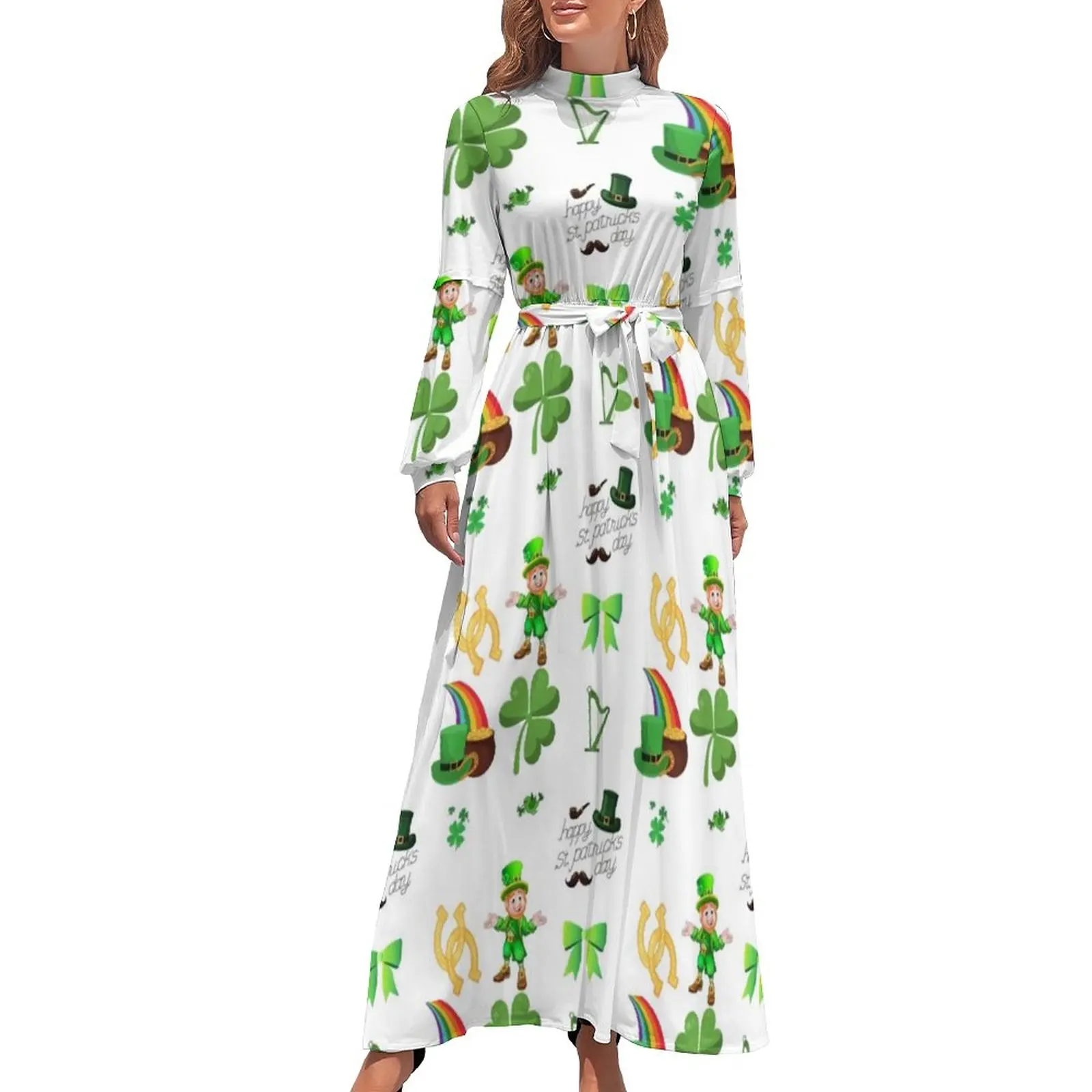 

Saint Patricks Day Dress Irish Culture Kawaii Pattern Maxi Dress High Waist Long Sleeve Aesthetic Beach Long Dresses