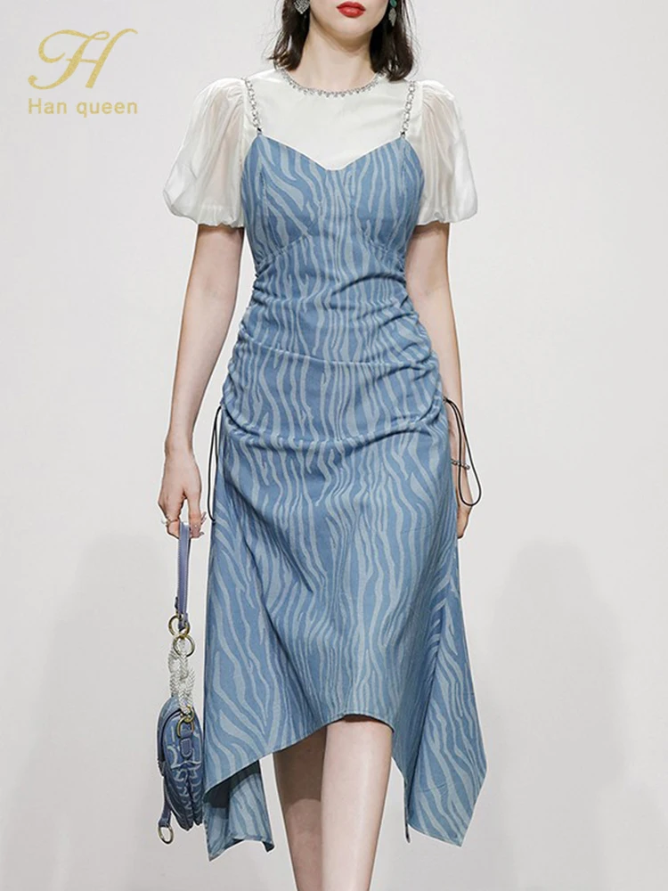 

H Han Queen Korean Chic 2 Pieces A-Line Vestido Fashion Irregular Slim Vintage Dresses Elegant Fashion Summer Casual Party Dress