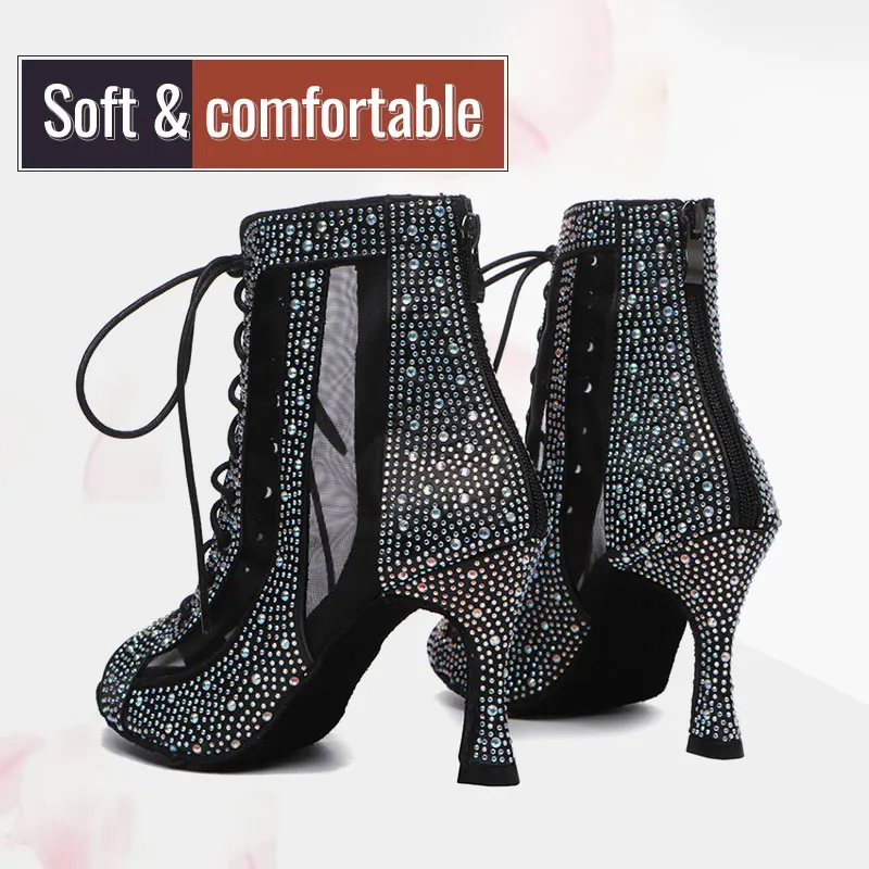 2022 HROYL Dance-Shoes Women Girls Latin Salsa Tango Ballroom Ladies Soft Bottom Modern Black Drill Mesh High Heel  Professional