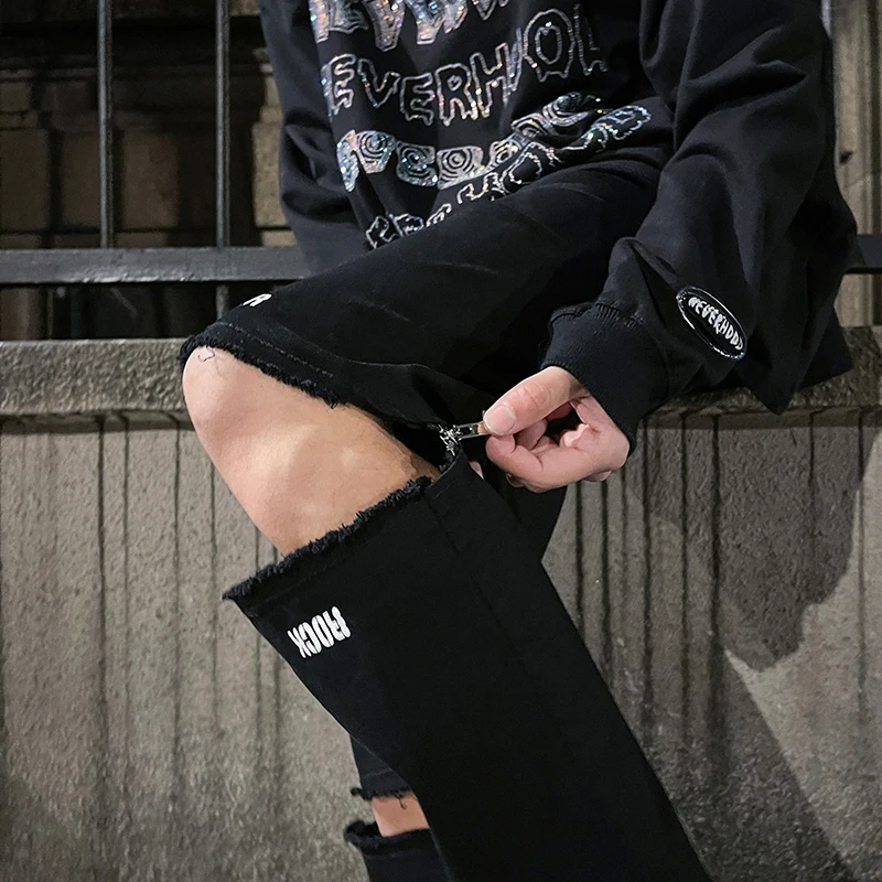 Korean Slim Fit Ripped Jeans Pants for Mens Summer Fashion Trends Gothic Streetwear Bottoms Teens Leg Patchwork Denim Trousers