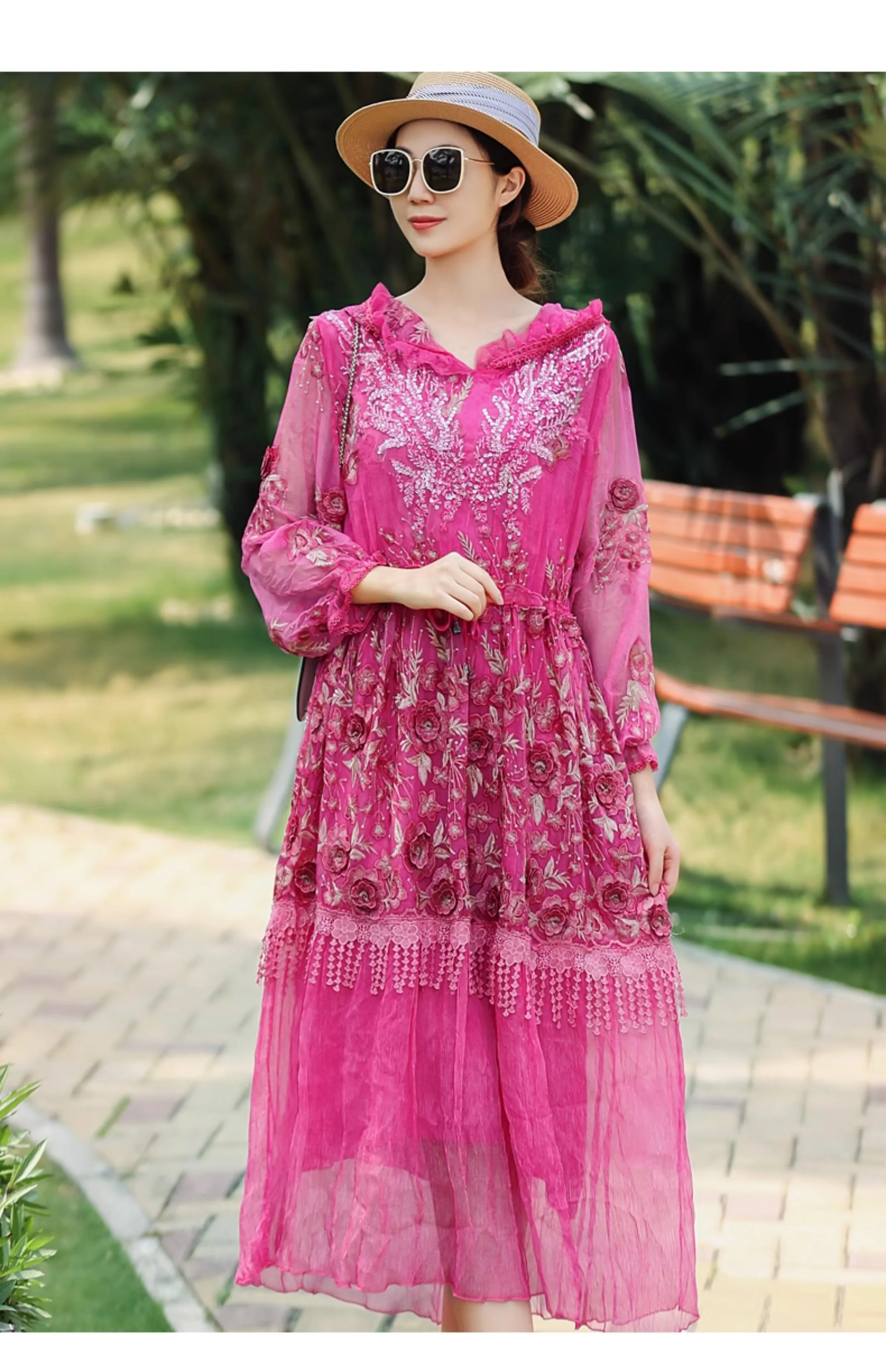 Женское платье с капюшоном Элегантное Шелковое Платье вышивкой и кисточками