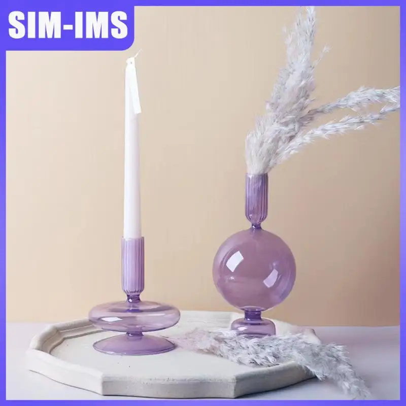 

Manual Glass Candlestick Handicrafts Stable Base Decorative Candlestick Transparent Tabletop Candlestick Table Desk Decorative