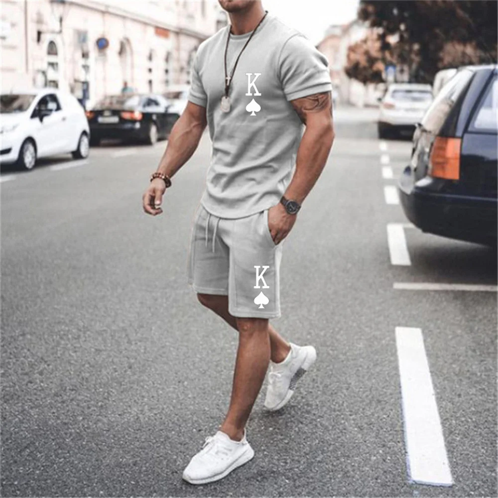 

Summer Men's Fashion Casual T-Shirt Short Sets Streetwear Outfits Poker Pattern Solid Color 2 Piece Short Sleeve Pants Tracksuit