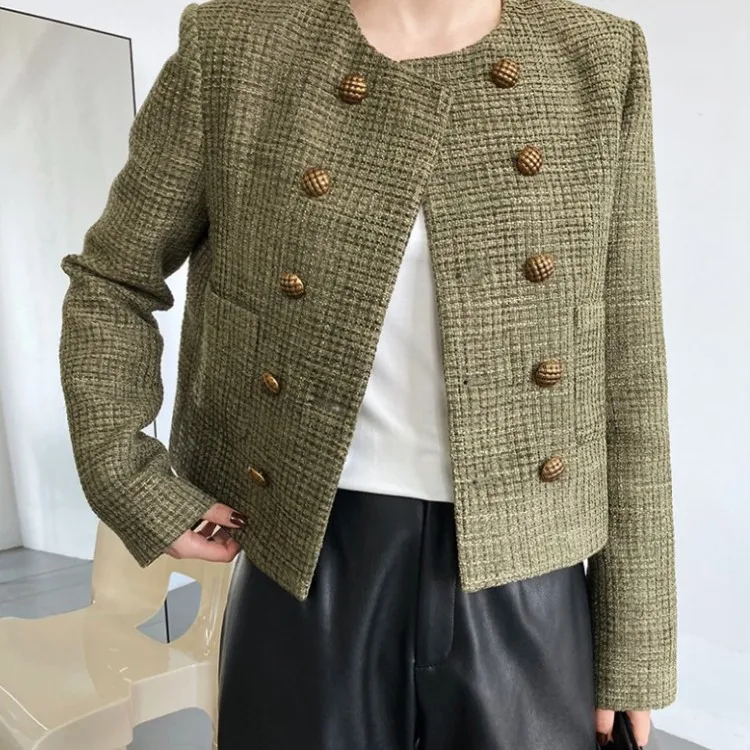 

2022 Fall Winter Vintage Temperament Tweed Jacket Coat Women Korean Fashion Elegant Double-Breasted Blends Wool Female Outwear