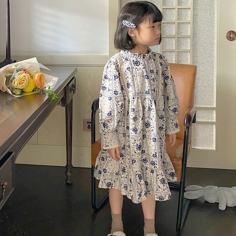 

Платья для маленьких девочек, осень 2022, детское платье с цветочным принтом, Хлопковая весенняя одежда, одежда для маленьких принцесс с длинн...