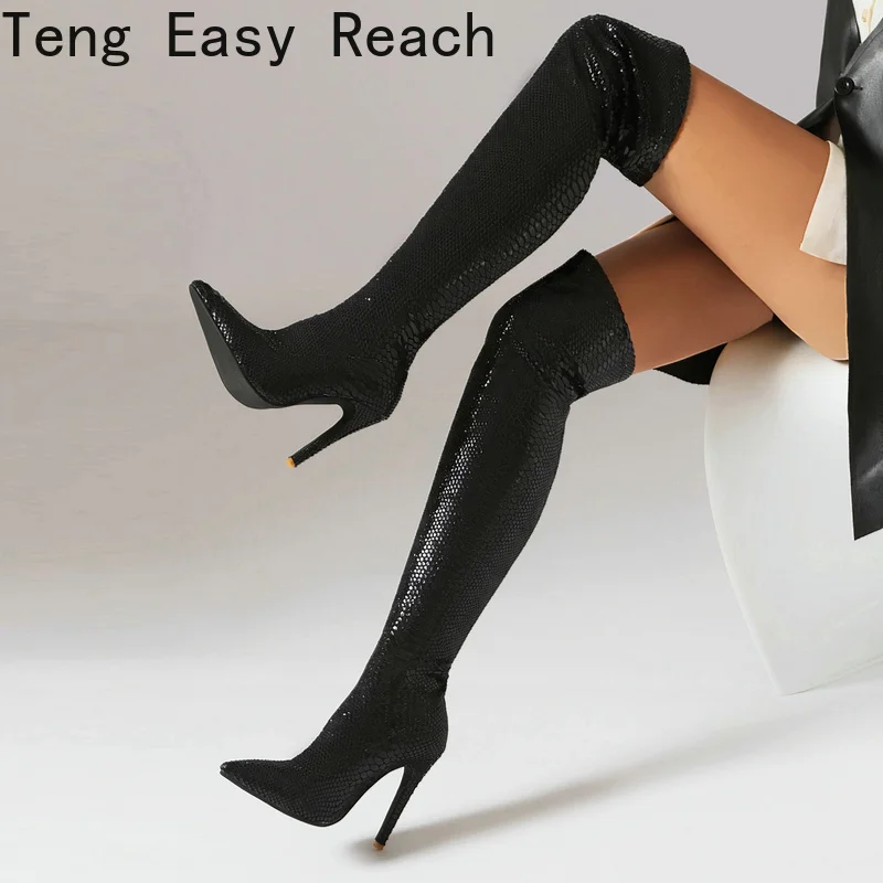 

Plus Size 43 Women Over The Knee Boots Pointed Toe Thin High Heel Ladies Long Boots Snake Print Stretch PU Leather Winter Shoes