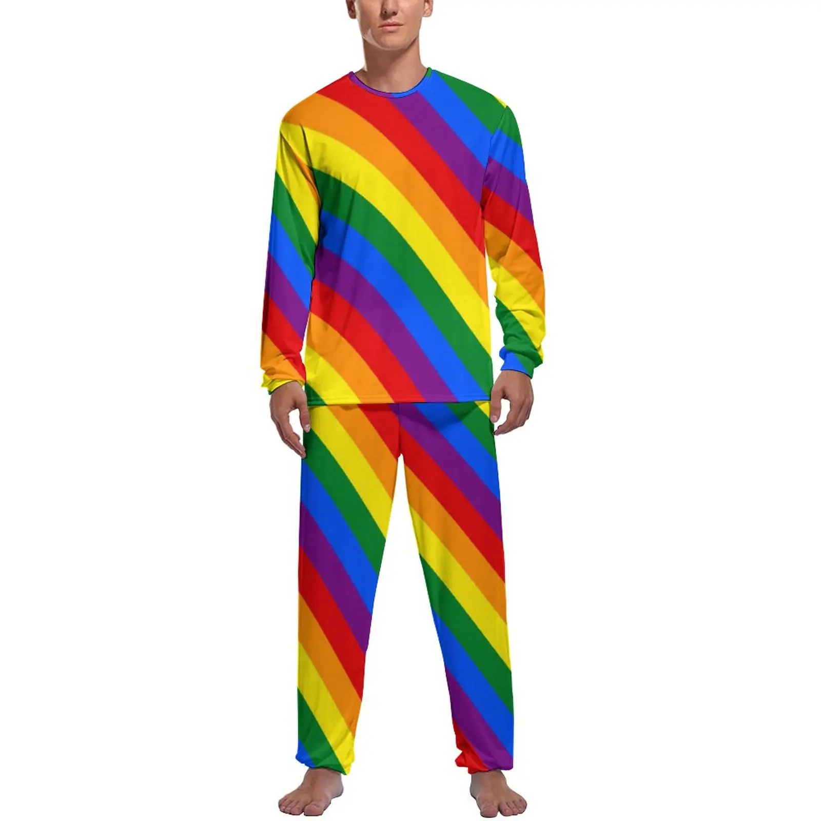 LGBT Rainbow Pajamas Winter 2 Pieces Gay Pride Flag Cool Pajamas Set Men Long Sleeve Casual Custom Home Suit
