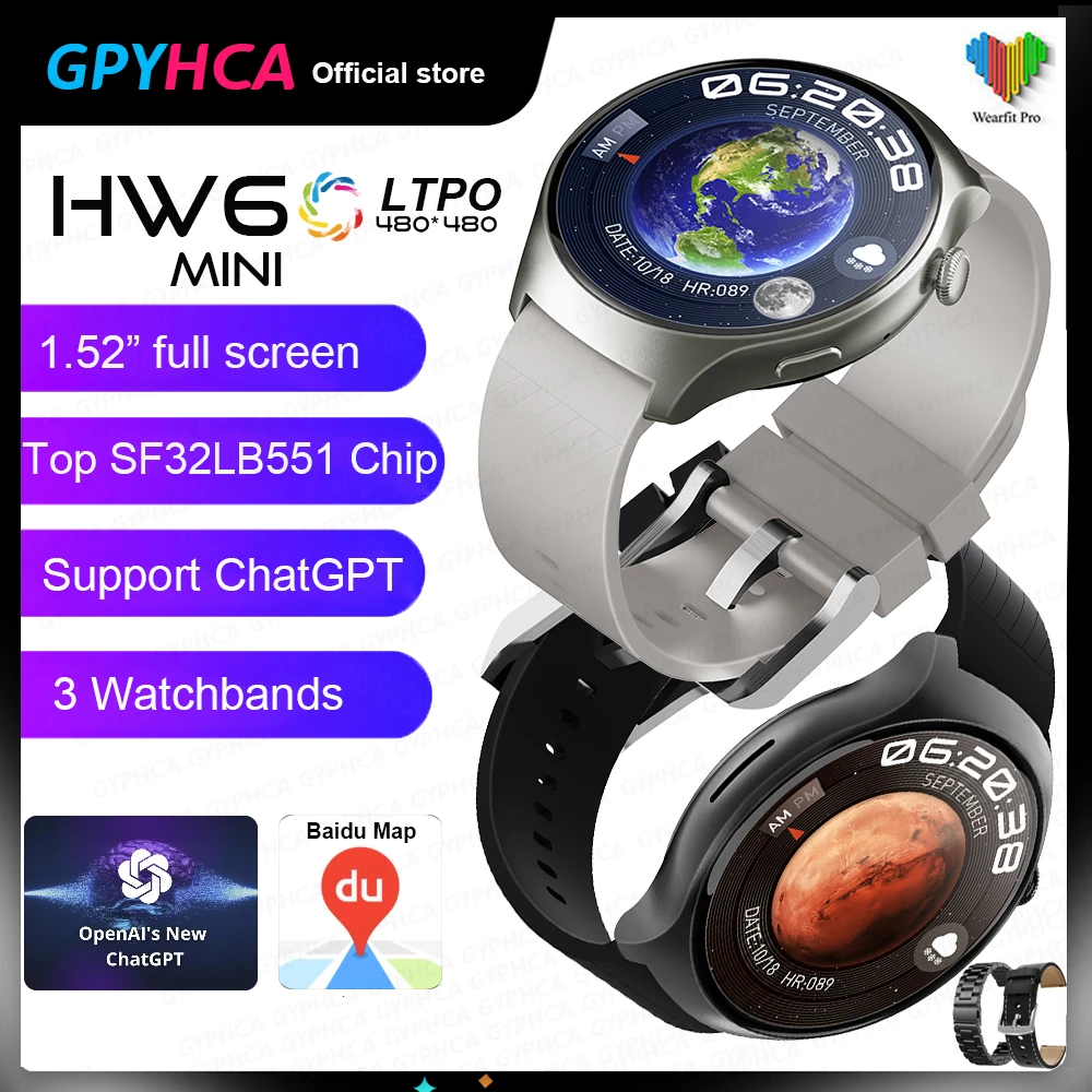 

HW6 mini Smart Watch with 3 Watchbands 1.52" 480*480 High Resolution ChatGPT Baidu map GPS Outdoor Fitness Smartwatch for men