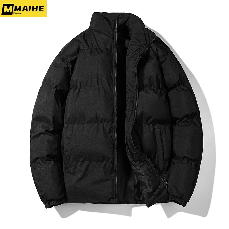

Men's winter jacket stand collar solid color warm thick casual coat neutral Korean fashion short parka female hip hop streetwear