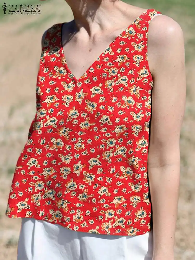 

ZANZEA Summer Casual Loose Women's Blouse Blusas Floral Print Sleeveless V-Neck Off shoulder Tank Tops Bohemian Holiday Shirt