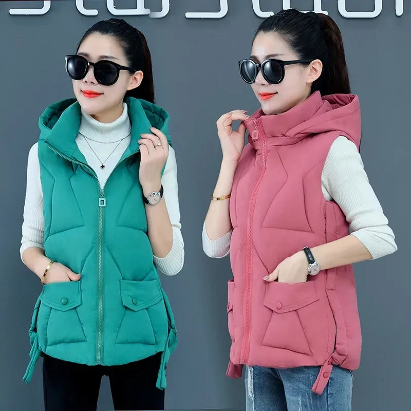 

Sigutan 2022 New Autumn Winter Short Cotton Vest Hooded Women Jacket Sleeveless Coat Warm Ladies Winter Waistcoat