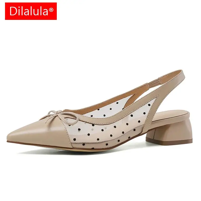 

Dilalula Women Pumps Spring Summer Sweet Butterfly Knot Polka Dot Mesh Genuine Leather Thick Heels Shoes Woman Office Sandals