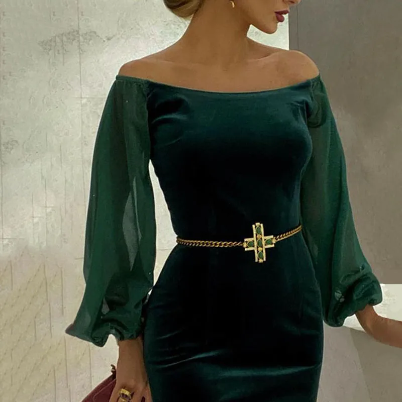 Женское бархатное платье-миди с открытыми плечами и сетчатым рукавом | Женская