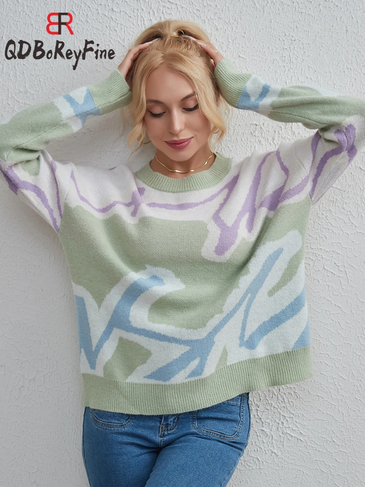 

Knitted Sweater Women Winter Printted Long Sleeve Tops Casual Loose Pullovers Elegant Warm Knitwear Jumper Women Clothing 2023