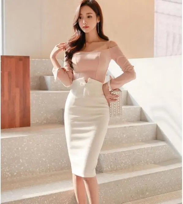 Spring Summer High Waisted Skirt Womens OL Formal Work wear Ladies Mii Skinny pencil Skirts White