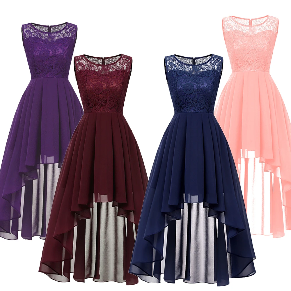 

Women's Vintage Sleeveless Solid Dress O-Neck Irregular Floral Lace Hollow Out Chiffon Evening Party Dress Elegant Midi Dress