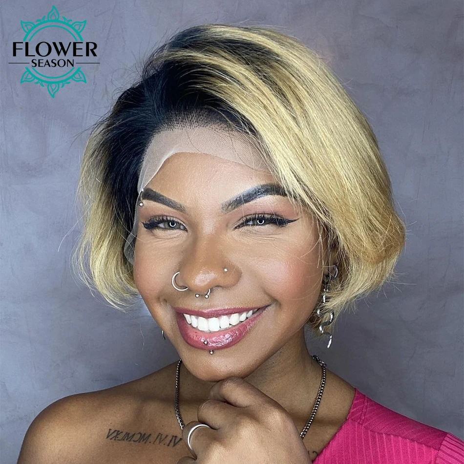 

Short Bob Human Hair Wigs 1BT27 Omber Color 13x4 Lace Front Wig For Women Short Pixie Wig Bob Cut Preplucked Natural Hairline