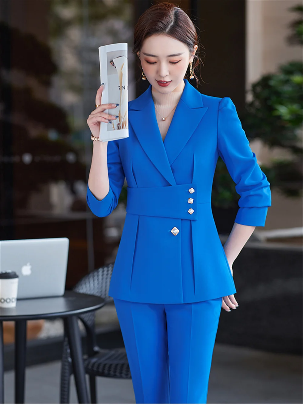 Blue Women's Pant Sets 2023 New in High Quality Casual Business Blazer Suits Elegant Ladies Formal Jacket + Trouser 2 Piece Set