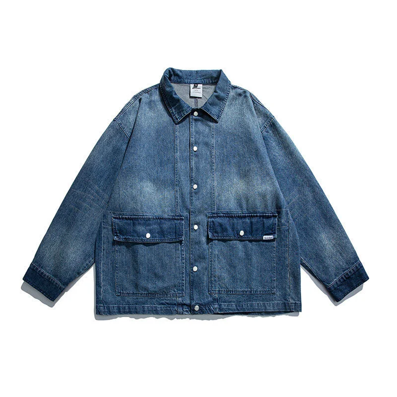 Spring Men 2023 Japan Harajuku Streetwear Vintage Fashion Loose Casual Denim Cargo Jacket Overcoat Autumn Cityboy Man Jeans Coat