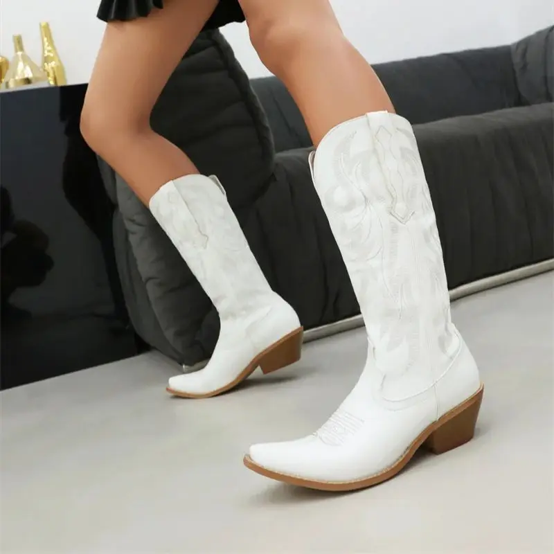 Женские ковбойские ботинки западные высокие золотые кожаные до середины икры на