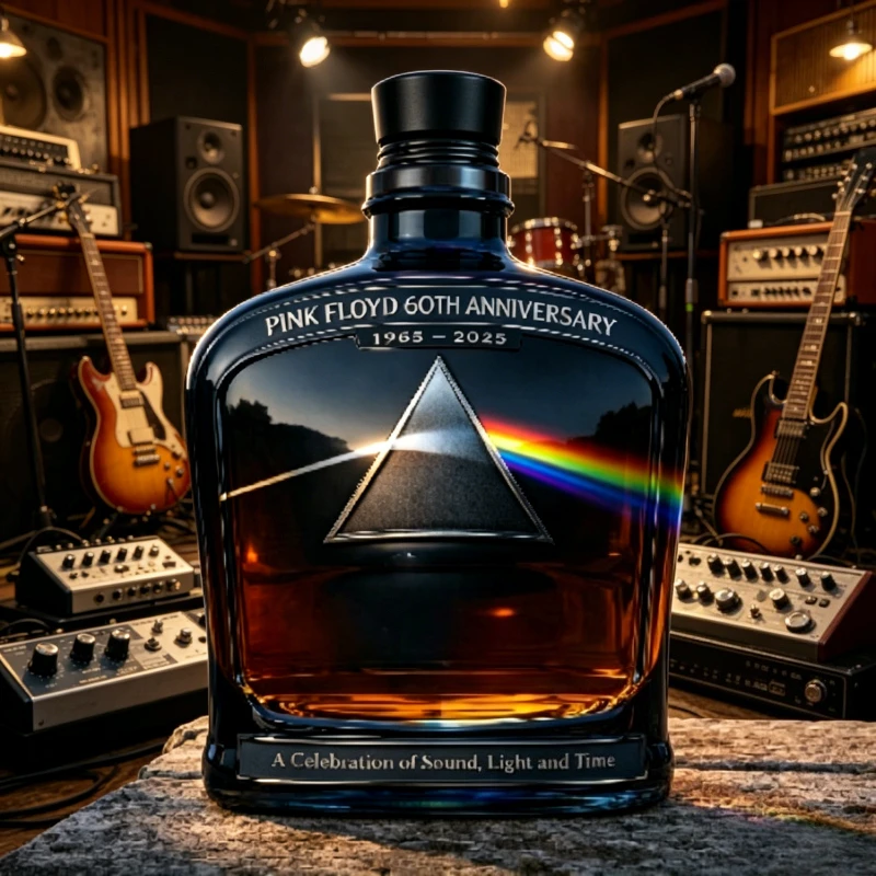Фото Коллекционный графин Pink Floyd к 60-летию: «Темная сторона Луны» – фляга для виски с принтом, аксессуар для бара, декор №3