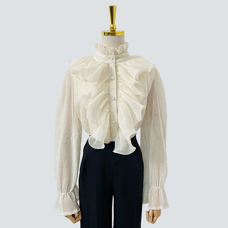 

Vintage Ruffle Blouse Women Stand Long Sleeve Lace Chiffon Shirts Spring Summer Tops Blouses Blusas Mujer