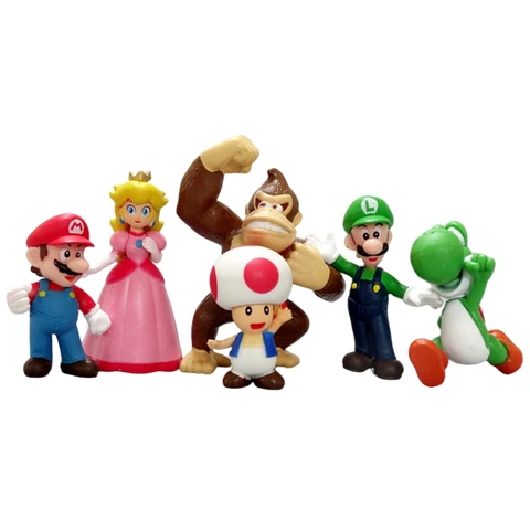 Экшн-фигурки из ПВХ в стиле Super Mario Bros 6 шт./комплект, игрушки, куклы, набор моделей, Луиджи Йоши, Ослик, Конг, гриб для детей, подарки на день рождения