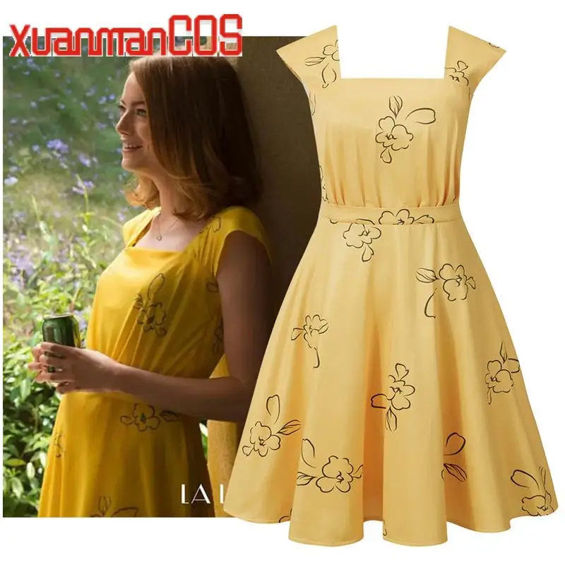 

Anime La La Land Mia Cosplay Costume for Adult Women Yellow Printed Cocktail Party Dress Sexy Square Collar Gown Skirt Halloween