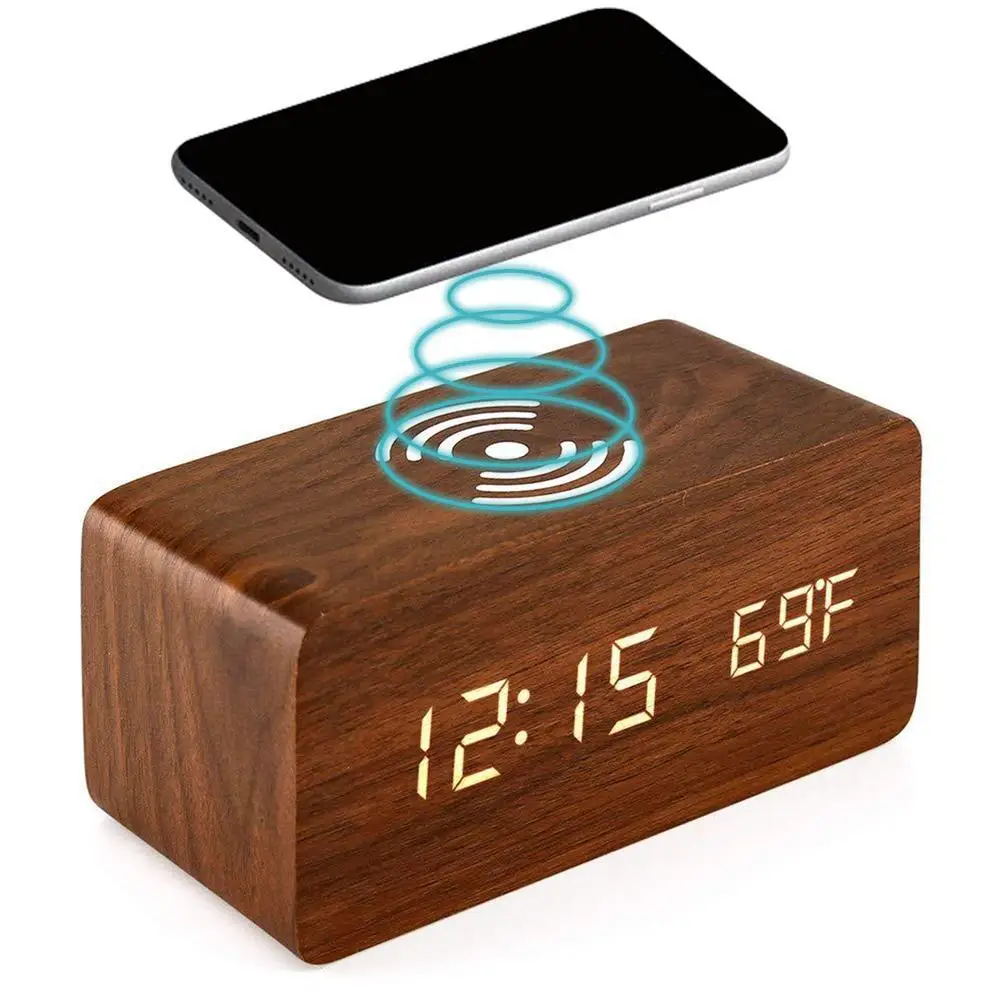 

Wooden Digital Alarm Clock 3 Alarms LED Display Wireless Charging Electronic Alarm Clock For Bedroom Bedside Office