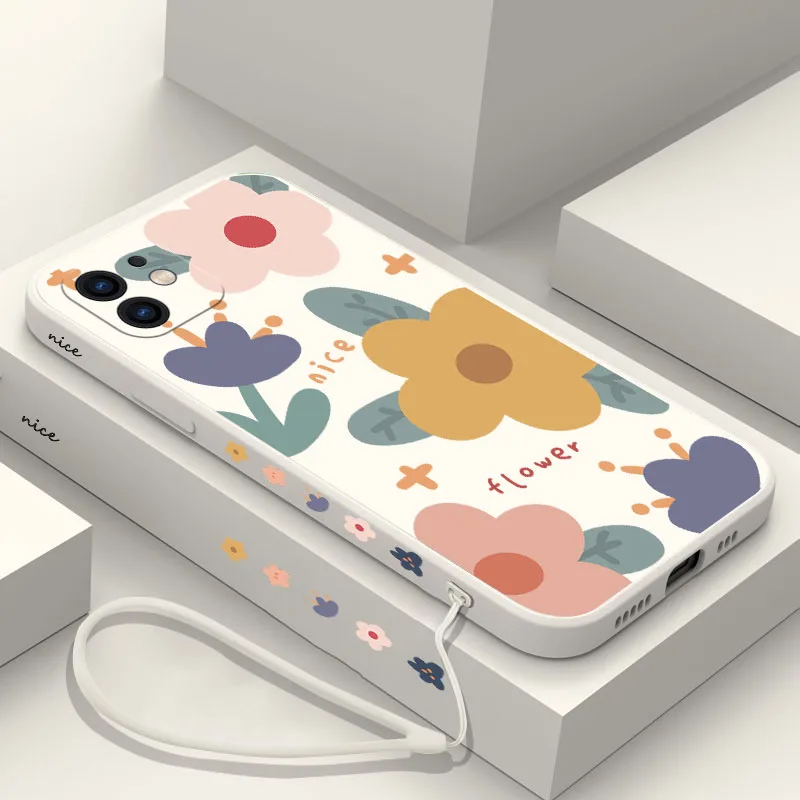 

Warm Flowers Phone Case For iPhone 14 13 12 11 Pro Max Mini X XR XS MAX SE20 8 7 Plus 6 6S Plus Silicone Cases with Hand Strap