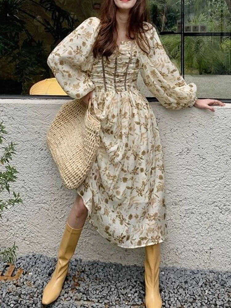 

2022 Spring Retro Floral Dress Women Vintage Casual Midi Dress French Long Sleeve Basic Square Collar One Piece Dress Korean