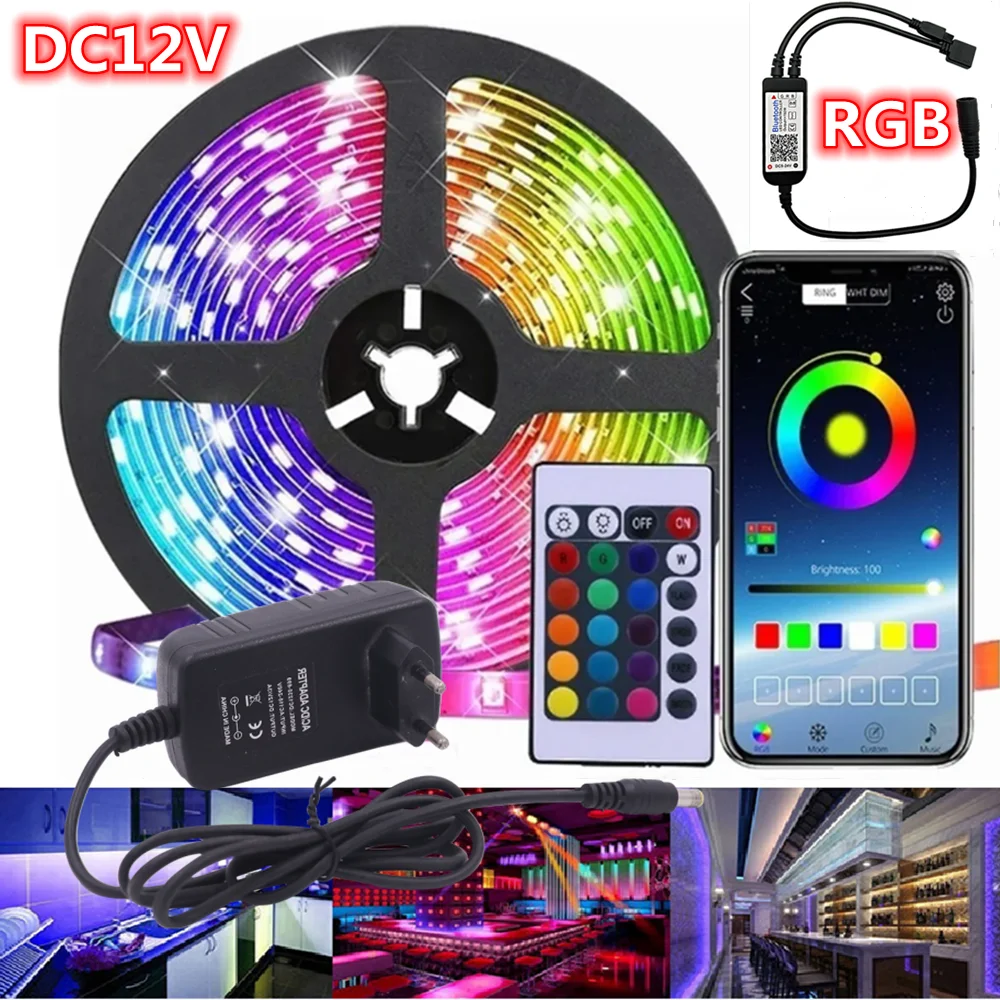 Bluetooth App Control RGB LED Strip DC 12V 5050 60LEDs/m Flexible Ribbon Tape Rope TV Backlight Background Lighting EU US UK Set