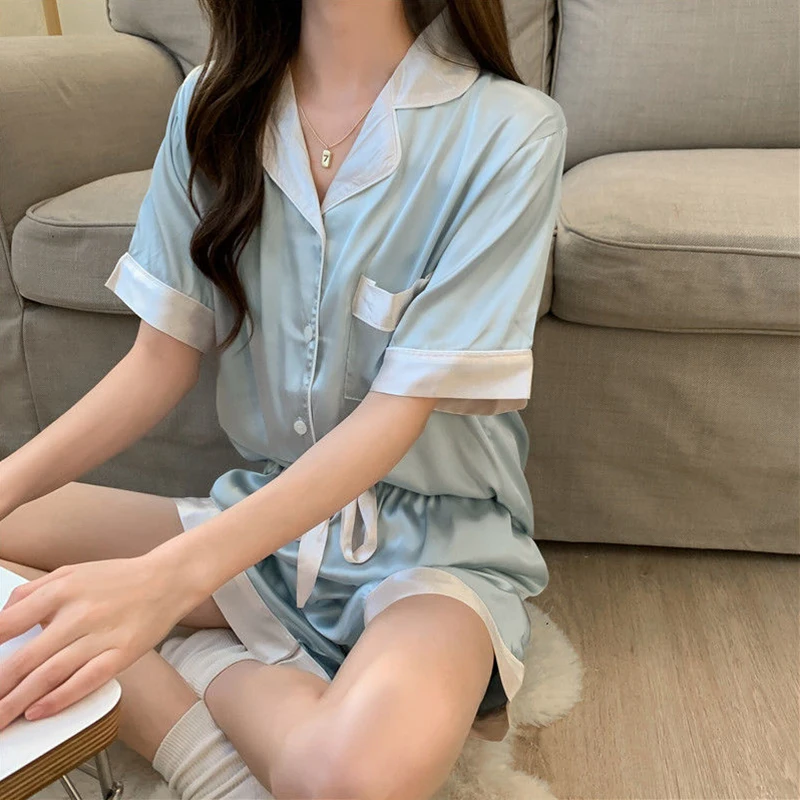 Silk Pajamas Women Summer Short Sleeve Shorts Two Pieces Thin Women Kawaii Breathable Ice Silk Luxury Casual Homewear Sexy Pja