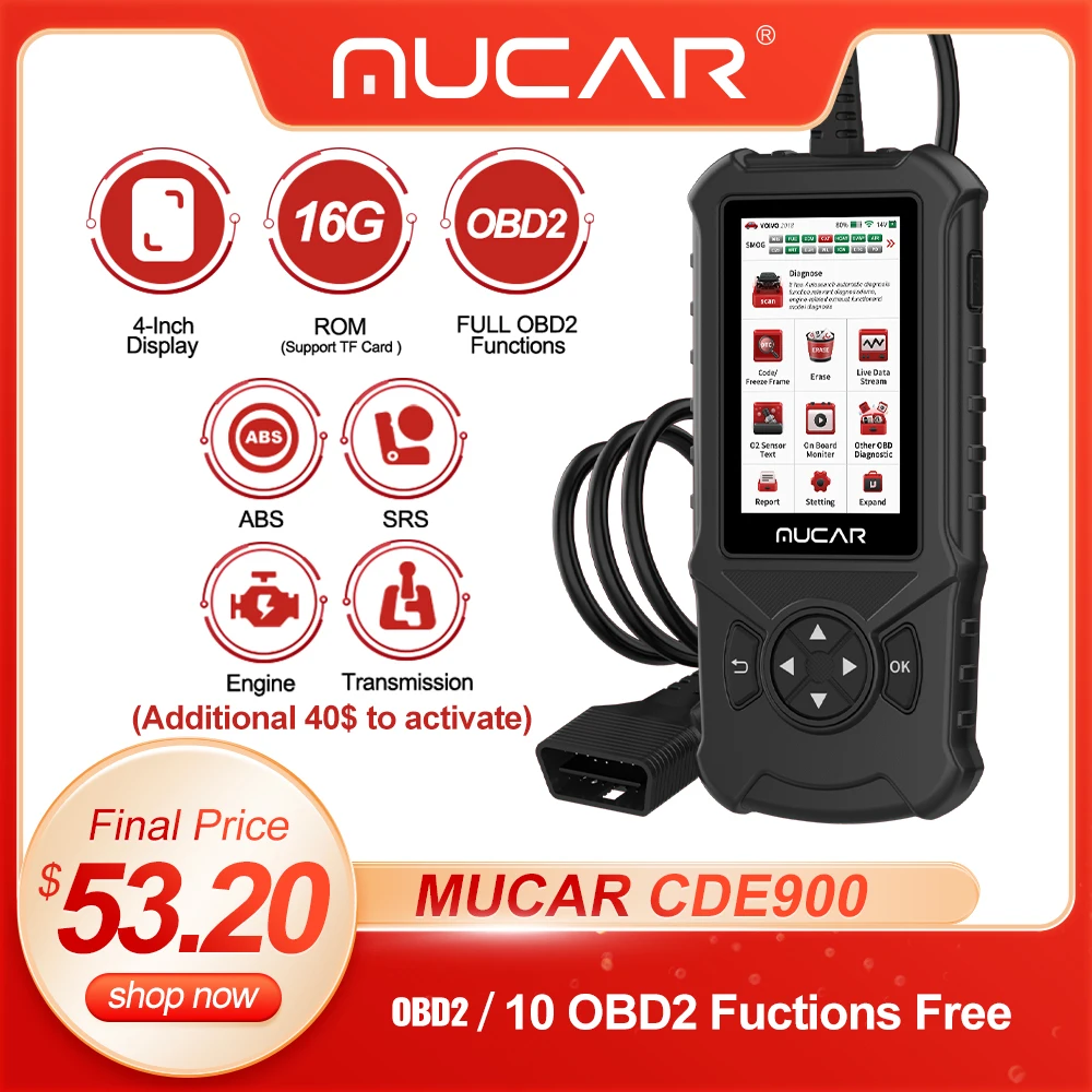 MUCAR CDE900 Professional Automotive Scanner ECM TCM ABS SRS System OBD2 Car Diagnostic Tool With Code Reader Life Free Upgrade