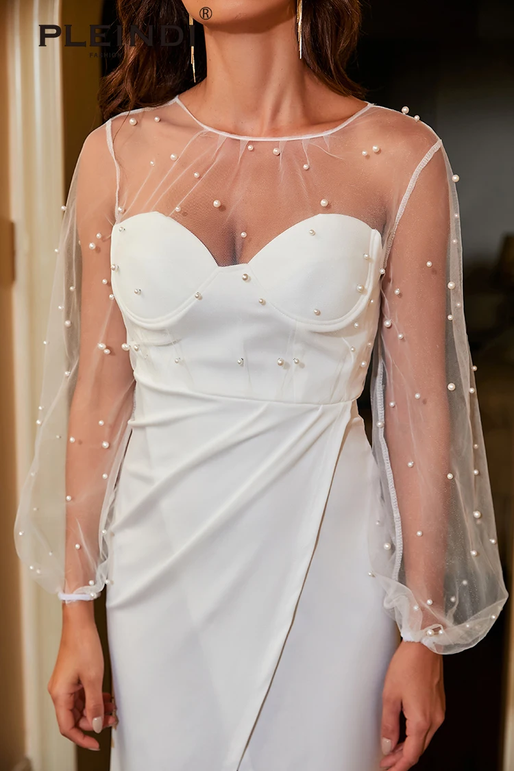 PLEINDI Elegant Evening Dresses O-Neck Beading Chiffon Tulle Sleeves Ankle Length 2022 New of Simple Women Party Prom Dress