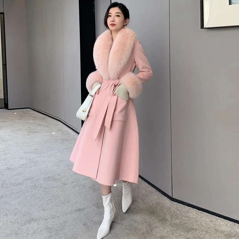 2022 Autumn Winter Solid Color Temperament Ladies Woolen Coat Big Fur Collar Slim Fit Medium Long Fashion Woolen Jacket Female