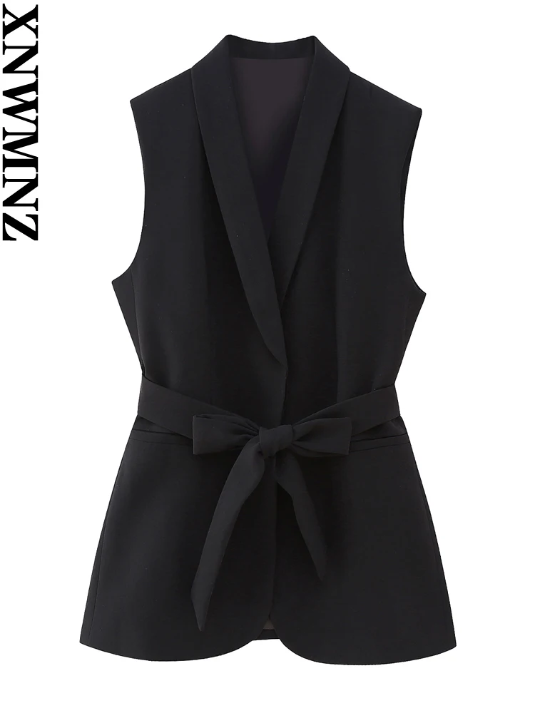 

XNWMNZ Women's Fashion 2023 Tie Belt Shawl Collar Waistcoat or Flowing High Waist Loose Pants Office Lady Female Two Piece Set
