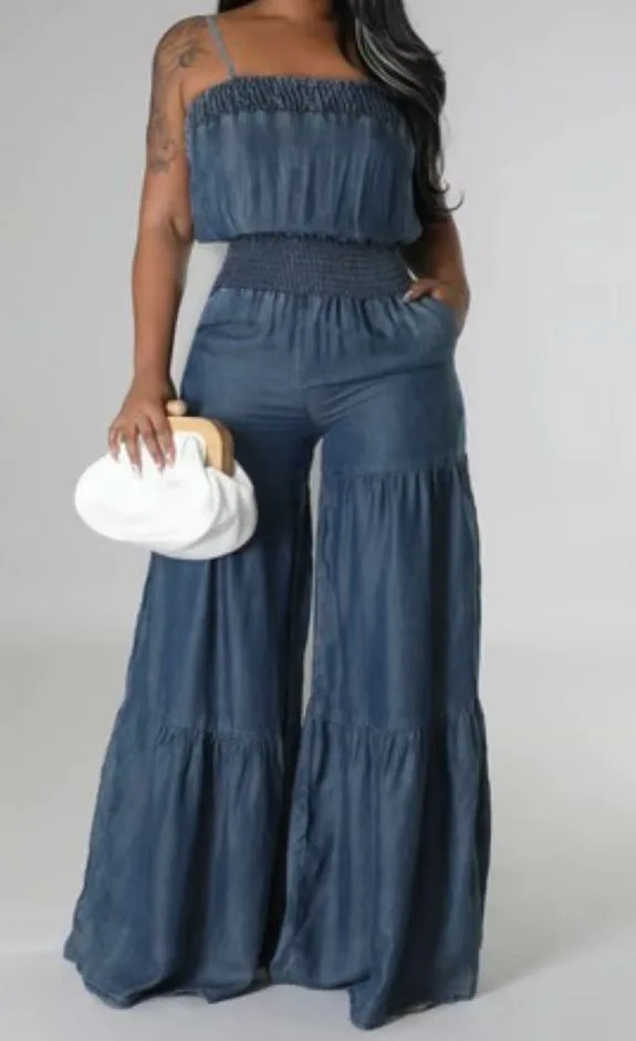 

2023 Summer New Spaghetti Strap High Waist Lantern Wide Leg Jumpsuit Fashion Casual Women Sexy Elastic Denim Jumpsuit Streetwear