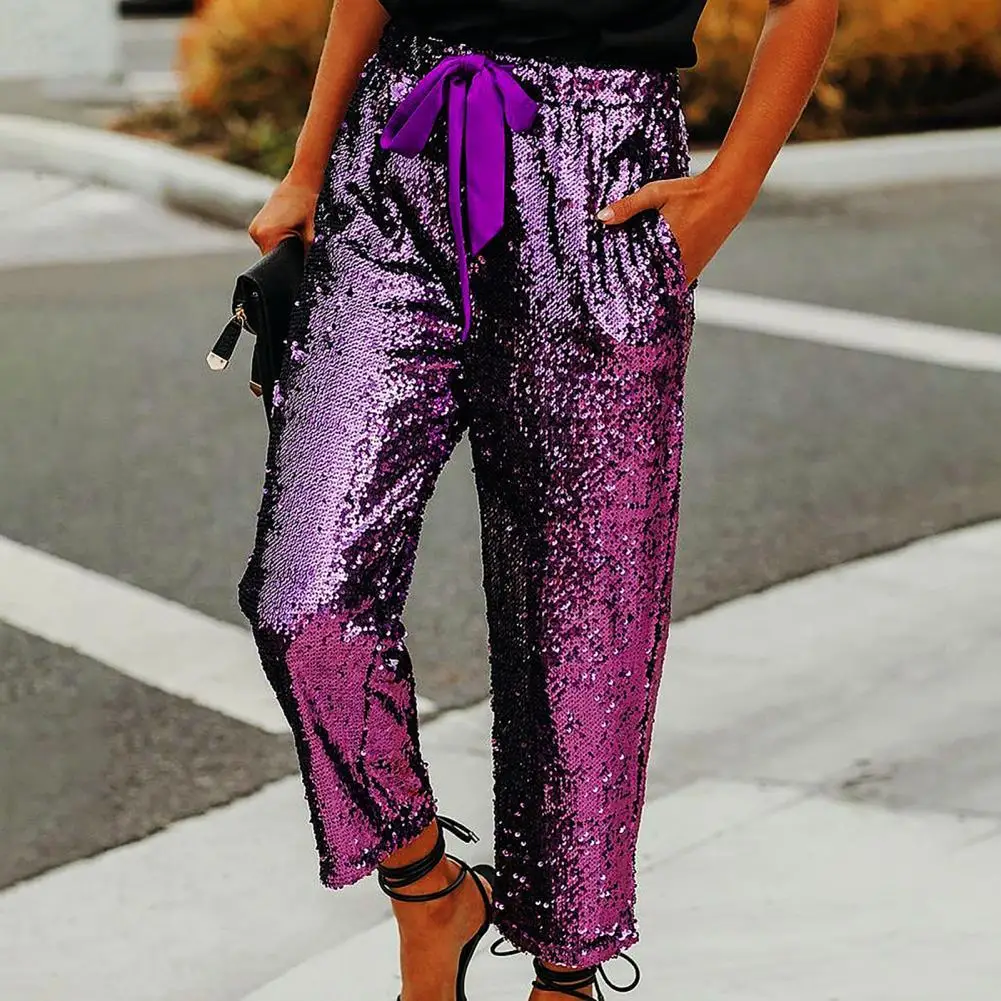 

Pure Color Straight Pants Women Shiny Sequin Ninth Pants Trousers Elastic Waist Women Ninth Trousers pantalones брюки женские