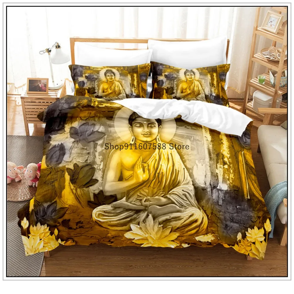 

Custom Goldon Buddha Statue Bedding Set Luxury Duvet Cover Set Printed Bedclothes Double Queen Size Bedding Set Fashion Design