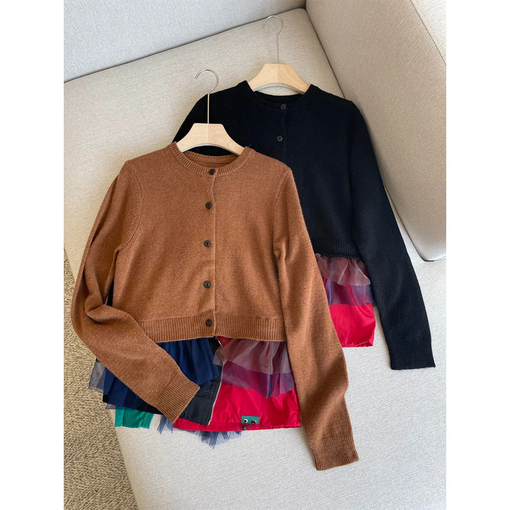 

2023 ранняя Осенняя нишевая дизайнерская Съемная сетчатая шерстяная однобортная вязаная кофта-кардиган с круглым вырезом