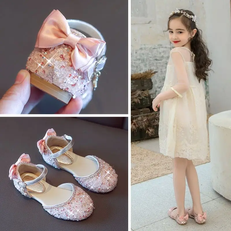 

Сандалии для девочек, новинка 2023, модная весенне-осенняя корейская детская обувь принцессы Baotou, обувь с мягкой подошвой и кристаллами для ма...