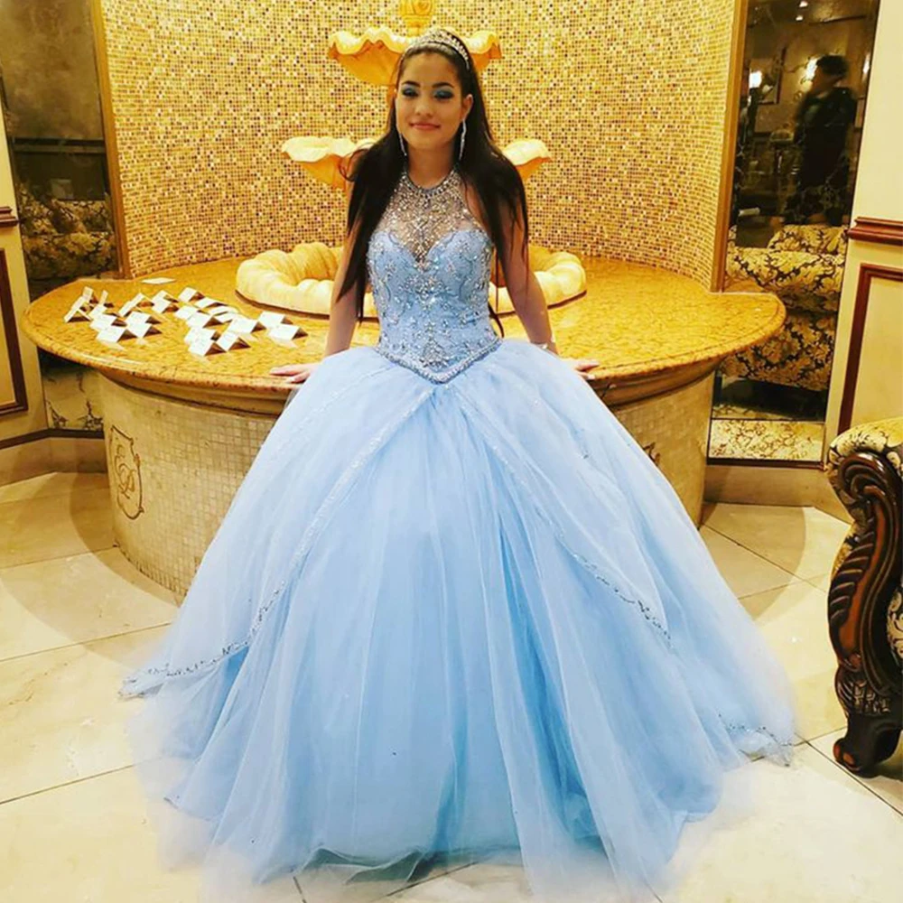 

ANGELSBRIDEP небесно-голубые платья Quinceanera прозрачные кристаллы бусины Принцесса бальное платье милое 16 платье платья для выпускного вечера Vestidos De Fiesta