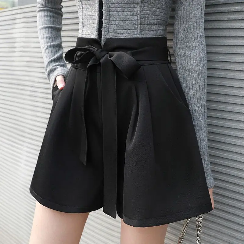Summer New Elastic Waist Blossom Shorts Solid Color Lacing Loose A-line Wide Leg Hot Pants Simplicity Fashion Women Clothing