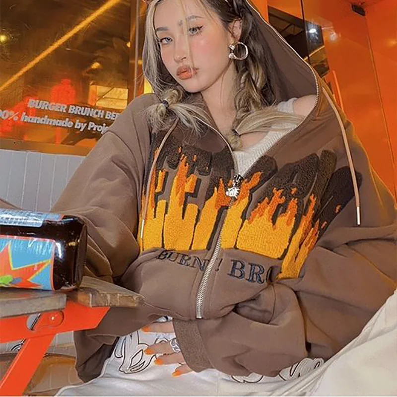 

Y2K sweatshirt Winter Jacket Clothes Brown Zip Sweatshirt Oversized Hoodie Women's Retro Pocket Long Sleeve Pullover goth